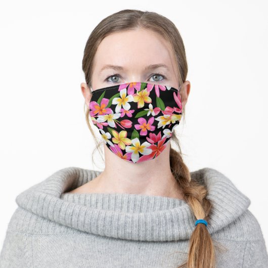 Tropical Pink White Yellow Floral Adult Cloth Face Mask (Worn)