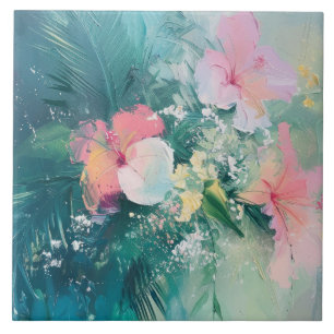 Tropical Pink White Yellow Floral Ceramic Tile