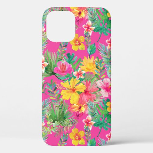 Tropical Pink  Yellow Hibiscus Floral iPhone 12 Case