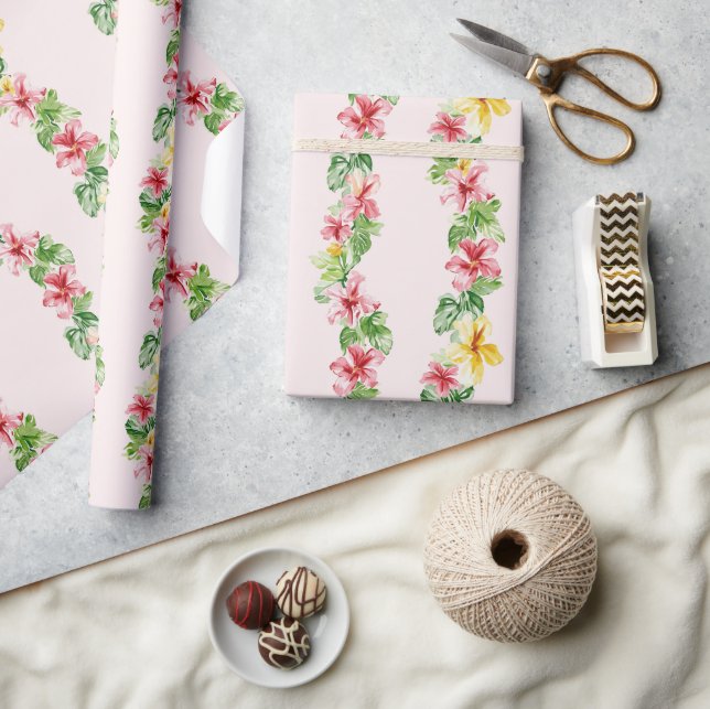 Tropical Pink Yellow Hibiscus Flowers Birthday Wrapping Paper (Crafts)