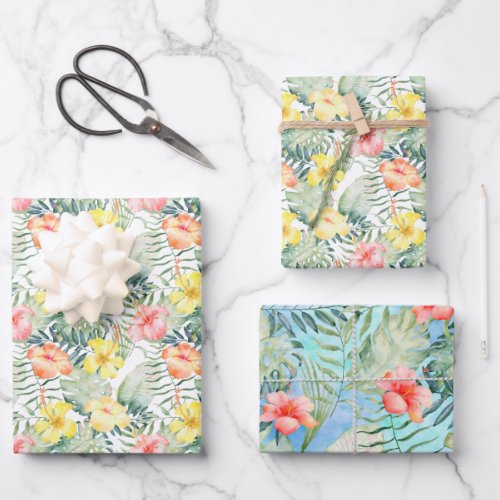 Tropical Pink Yellow Hibiscus Flowers Wrapping Paper Sheets