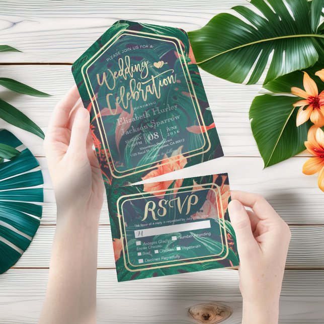 Tropical Plant Flower Leaf Gold Frame Wedding RSVP All In One Invitation (Creator Uploaded)