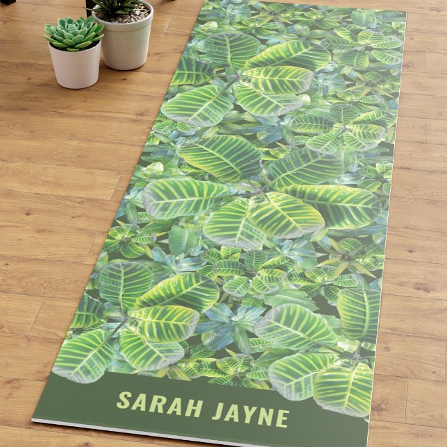 Tropical Plant Pattern Name Lush Green Yoga Mat (A tropical green leaf pattern yoga mat just for you. Add your name!)