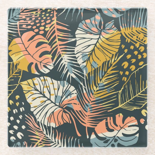Tropical plants: abstract artistic pattern. glass coaster (Front)