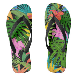 Tropical Plants and Colorful Flowers Flip Flops