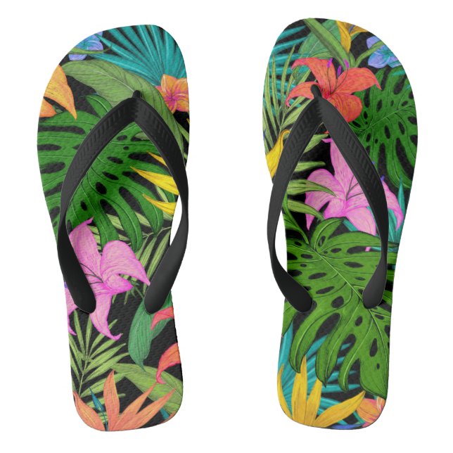 Tropical Plants and Colorful Flowers Flip Flops (Footbed)