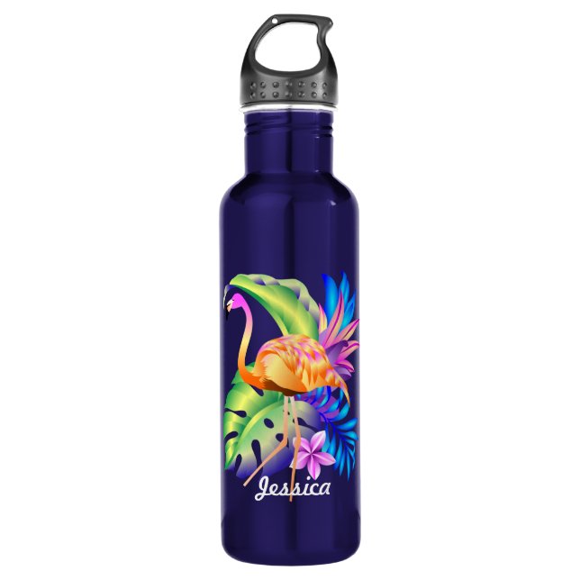 Tropical Plants and Flamingo Personalised Stainless Steel Water Bottle (Front)