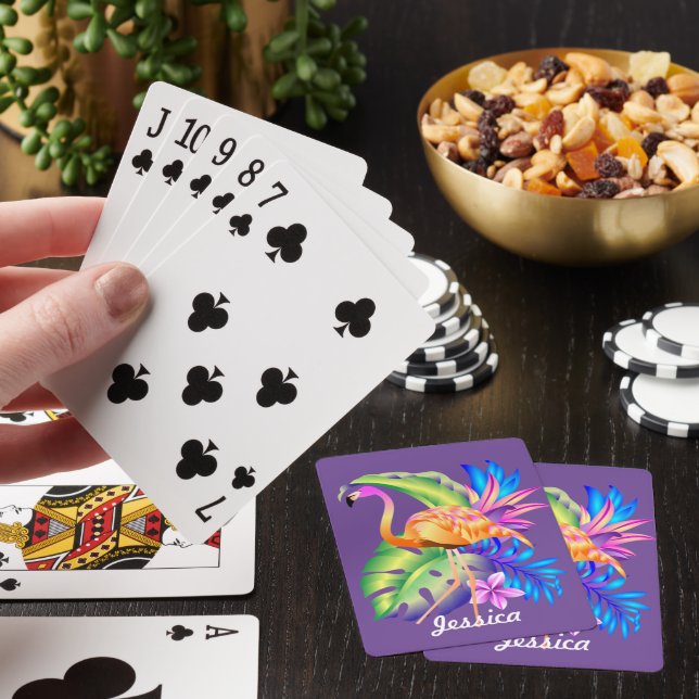 Tropical Plants and Flamingo Purple Personalised Poker Cards (In Situ)