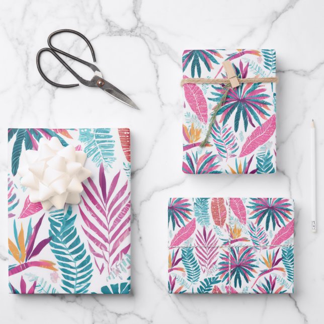 Tropical plants and flowers pattern wrapping paper sheets (Front)