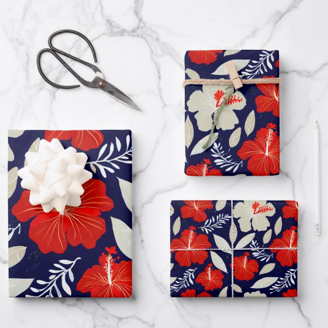 Tropical plants and flowers pattern wrapping paper sheets (Front)