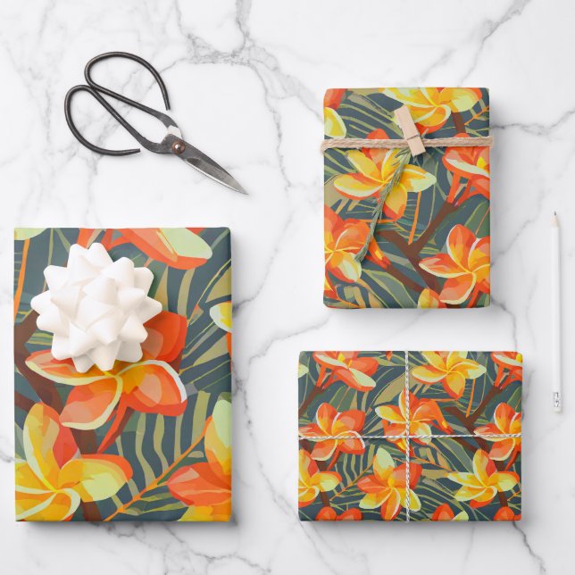 Tropical plants and flowers pattern wrapping paper sheets (Front)