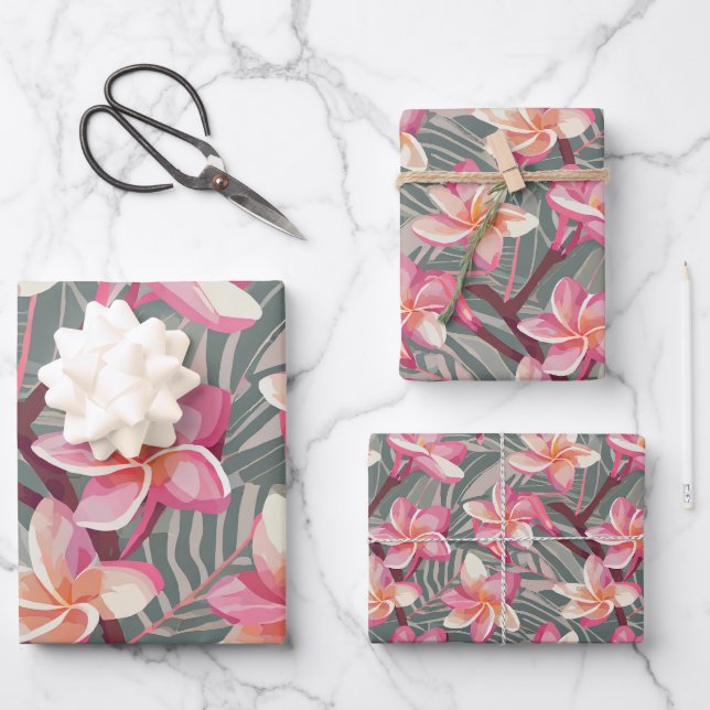 Tropical plants and flowers pattern wrapping paper sheets (Front)
