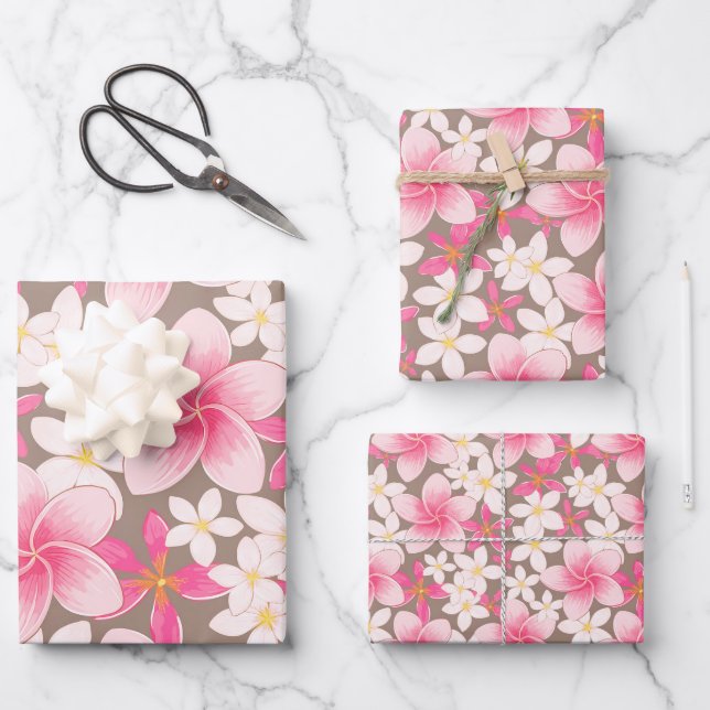 Tropical plants and flowers pattern wrapping paper sheets (Front)