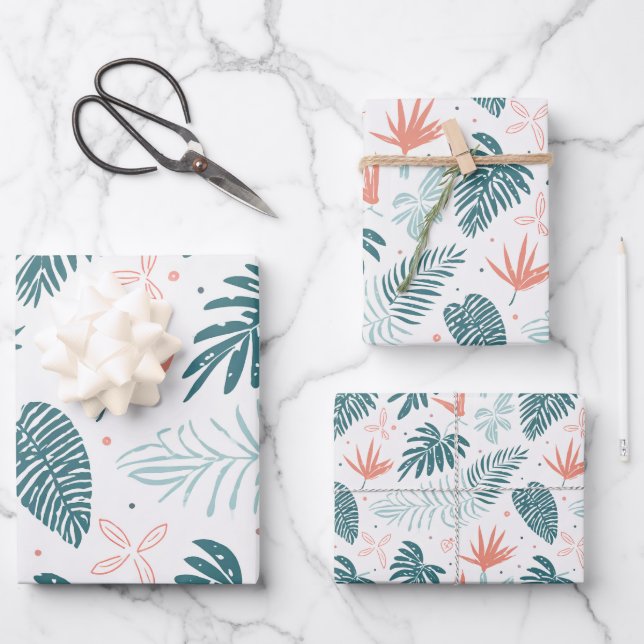 Tropical plants and flowers pattern wrapping paper sheets (Front)