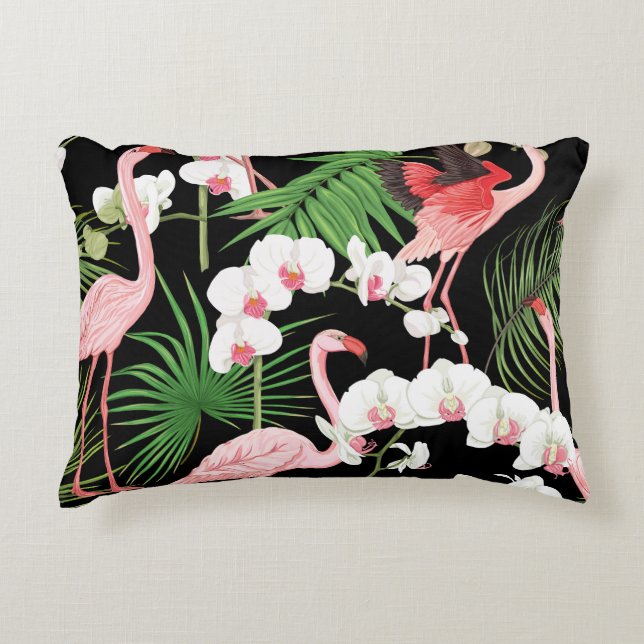 Tropical Plants Birds Colored Illustration Accent Pillow (Front)