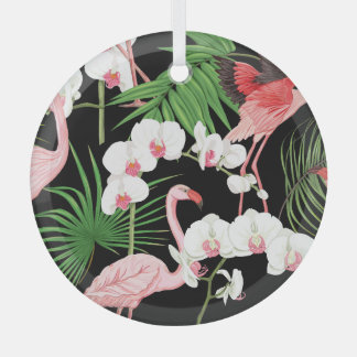 Tropical Plants Birds Colored Illustration Glass Ornament