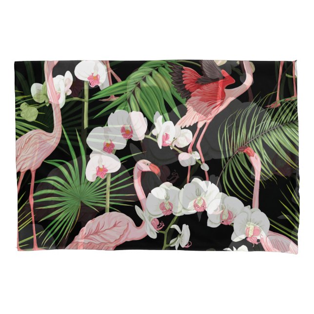 Tropical Plants Birds Colored Illustration Pillow Case (Front)