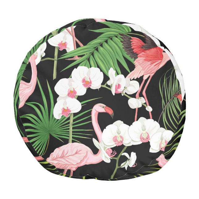 Tropical Plants Birds Colored Illustration Pouf (Bottom)