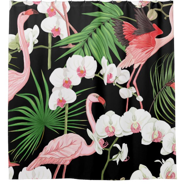 Tropical Plants Birds Colored Illustration Shower Curtain (Front)