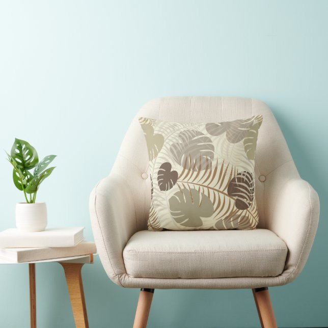 Tropical Plants Botanical Beige Brown Leaf Pattern Throw Pillow (Chair)