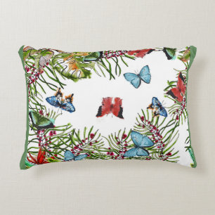 Tropical Plants Butterflies Berries Red Blue   Accent Pillow