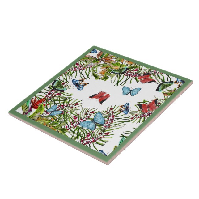 Tropical Plants Butterflies Berries Red Blue     Ceramic Tile (Side)