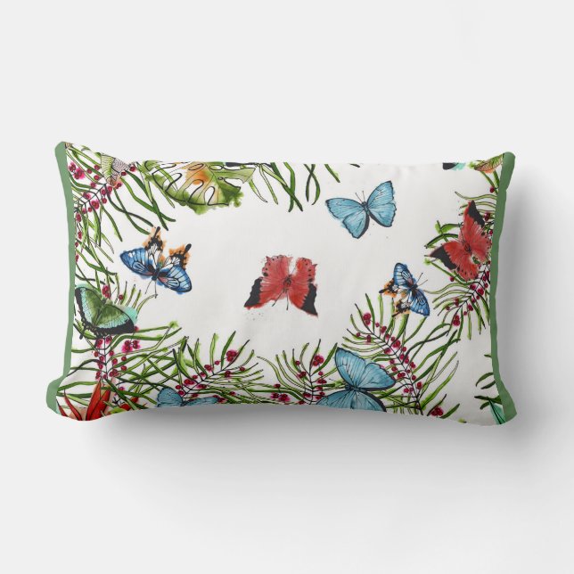 Tropical Plants Butterflies Berries Red Blue   Lumbar Pillow (Front)