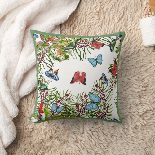  Tropical Plants Butterflies Red Blue  Throw Pillow