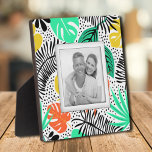 Tropical Plants Dots Pattern Frameless Photo Easel Plaque<br><div class="desc">Made to look dimensional, tropical plants and black dots pattern creates a beautiful frame for your favorite photo on this tabletop plaque with a built-in easel. The image is put directly on the hardboard panel for a stunningly crisp image with an easy wipe clean surface. Great as a gift or...</div>
