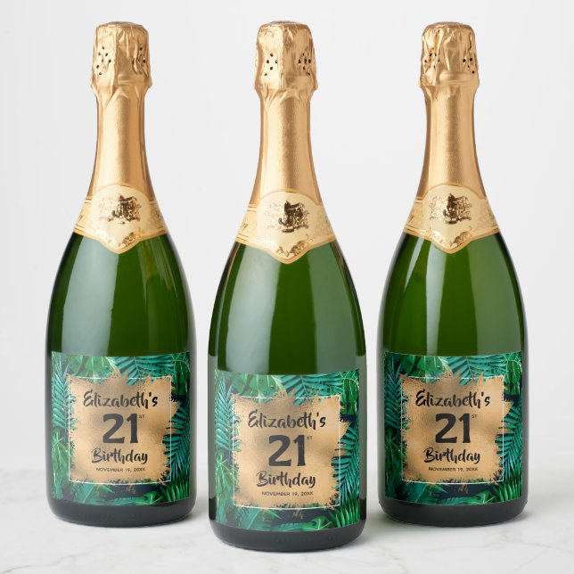 Tropical Plants Gold 21st Birthday Personalized Sparkling Wine Label (Bottles)