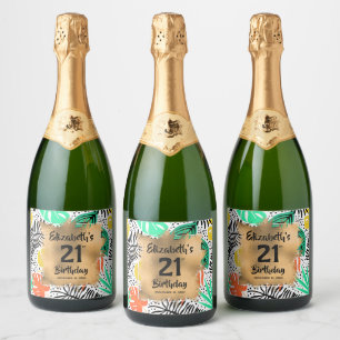 Tropical Plants Gold 21st Birthday Personalized Sparkling Wine Label