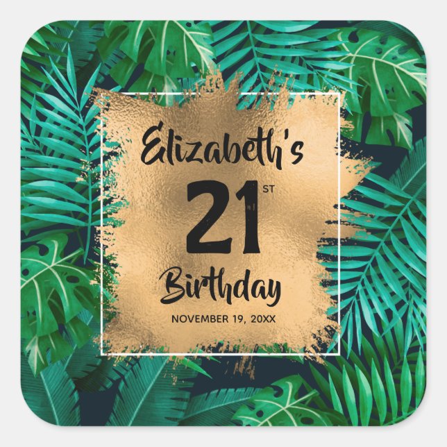 Tropical Plants Gold 21st Birthday Personalized Square Sticker (Front)