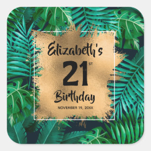 Tropical Plants Gold 21st Birthday Personalized Square Sticker
