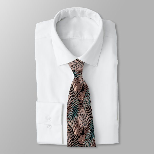 Tropical plants, jungle, tropics , beige ,leaves   neck tie (Tied)