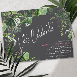 Tropical Plants Modern Black Any Age Birthday Invitation
