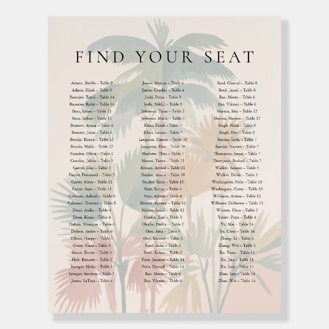 Tropical Plants Palm Tree Wedding Seating Chart Foam Board (Front)