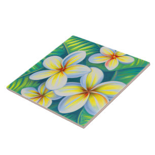 Tropical plumeria art ceramic tile