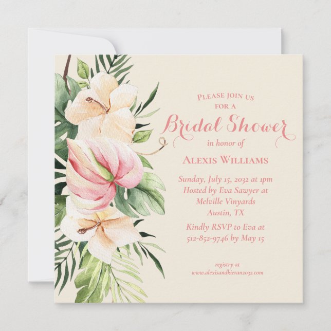 Tropical Plumeria & Flamingo Lily Bridal Shower In Invitation (Front)