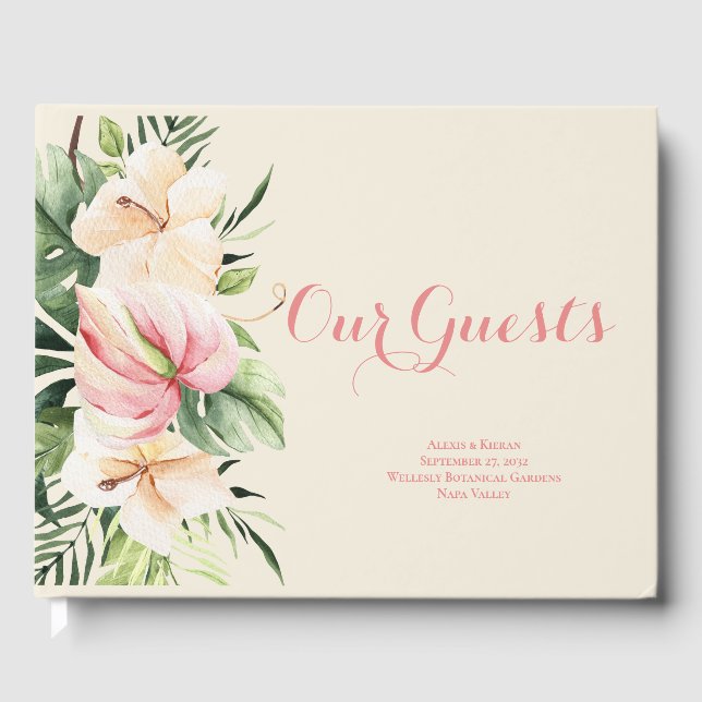 Tropical Plumeria & Flamingo Lily Floral Guest Boo Guest Book (Front)