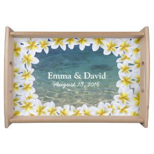Tropical Plumeria Floral Frame Beach Wedding Serving Tray