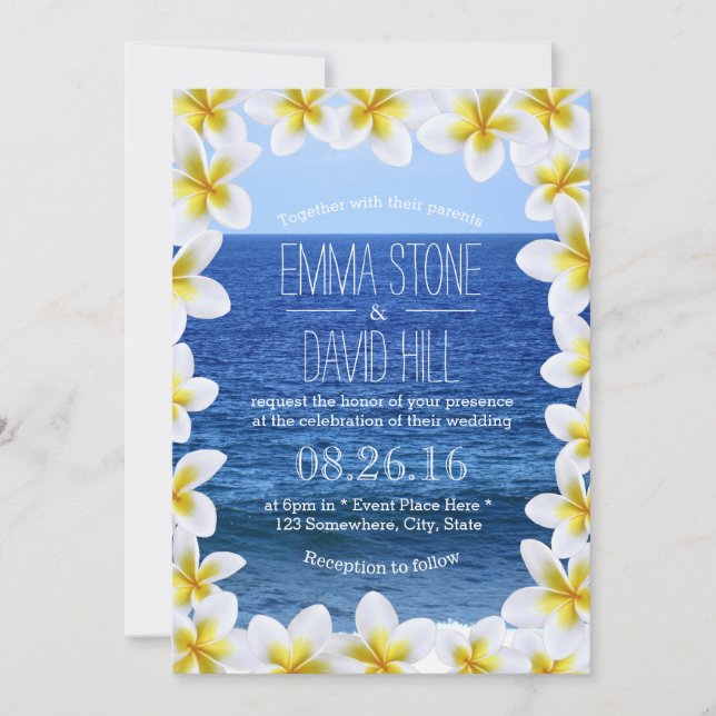 Tropical Plumeria Floral Frame Sea View Wedding Invitation (Front)