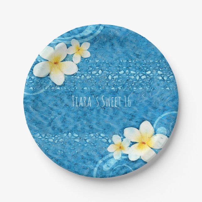 Tropical Plumeria Flower Blue Summer Party Paper Plates (Front)