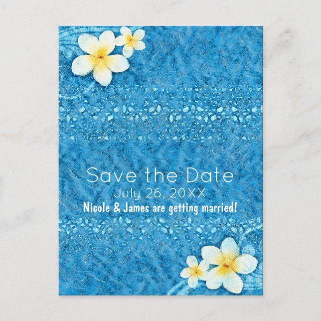 Tropical Plumeria Flower Blue Summer Save The Date Announcement Postcard (Front)