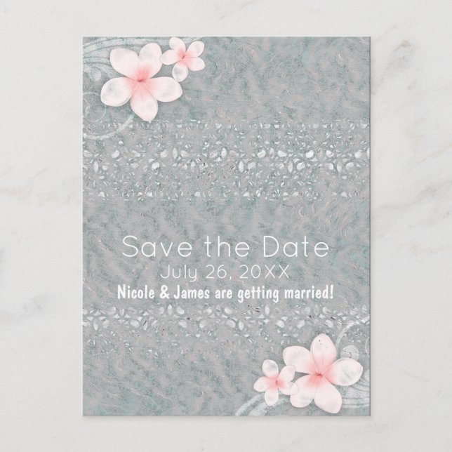 Tropical Plumeria Flower Grey Pink Save the Date Announcement Postcard (Front)