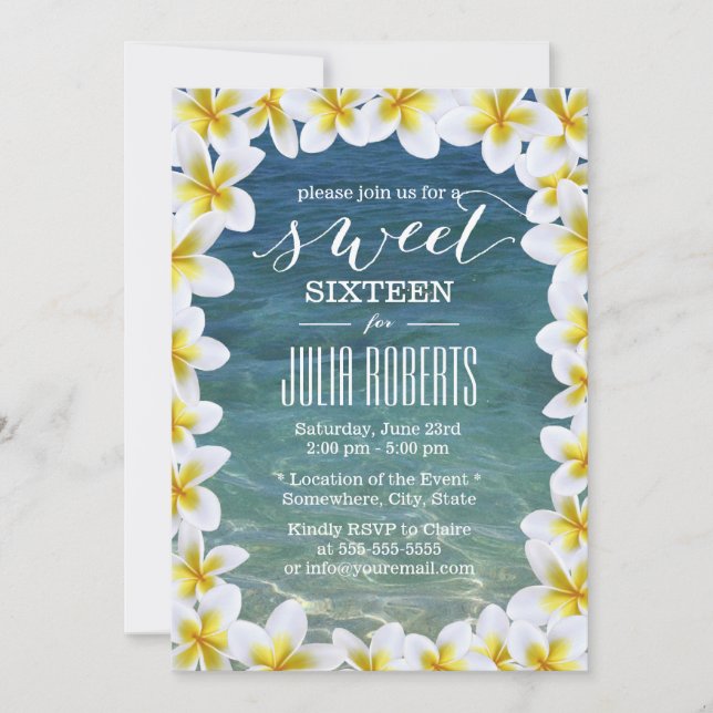 Tropical Plumeria Flowers Beach Sweet 16 Invitation (Front)