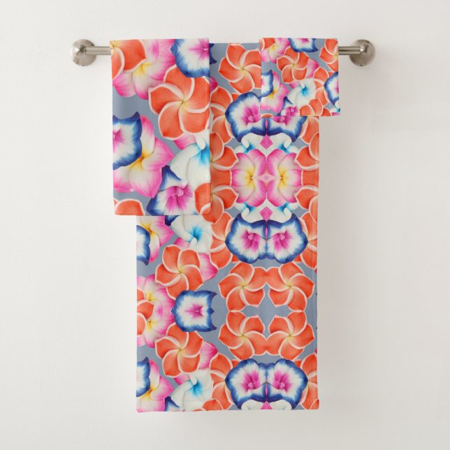 Tropical Plumeria Flowers X Pattern  Bath Towel Set (Insitu)