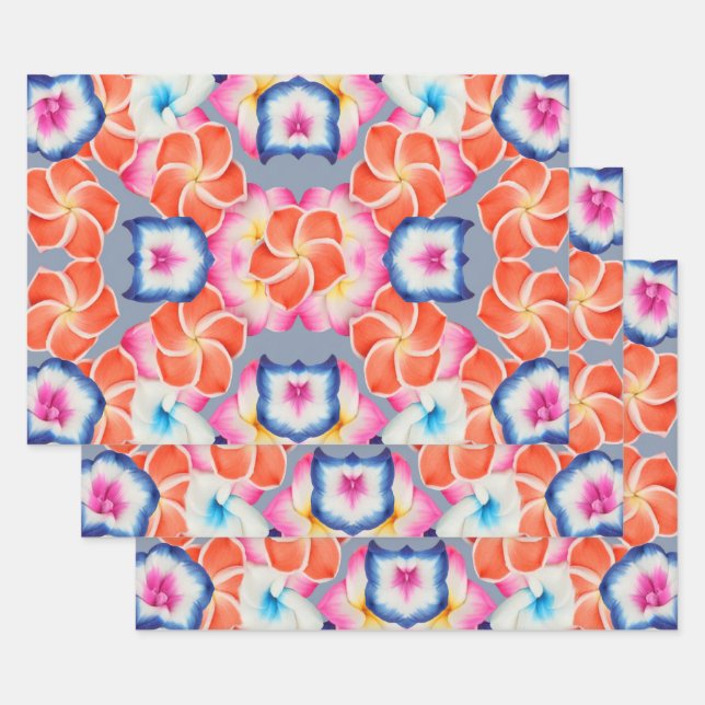 Tropical Plumeria Flowers X Pattern  Wrapping Paper Sheets (Set)