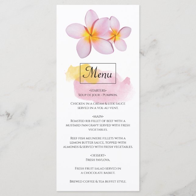Tropical Plumeria Frangipani Wedding  Menu (Front)