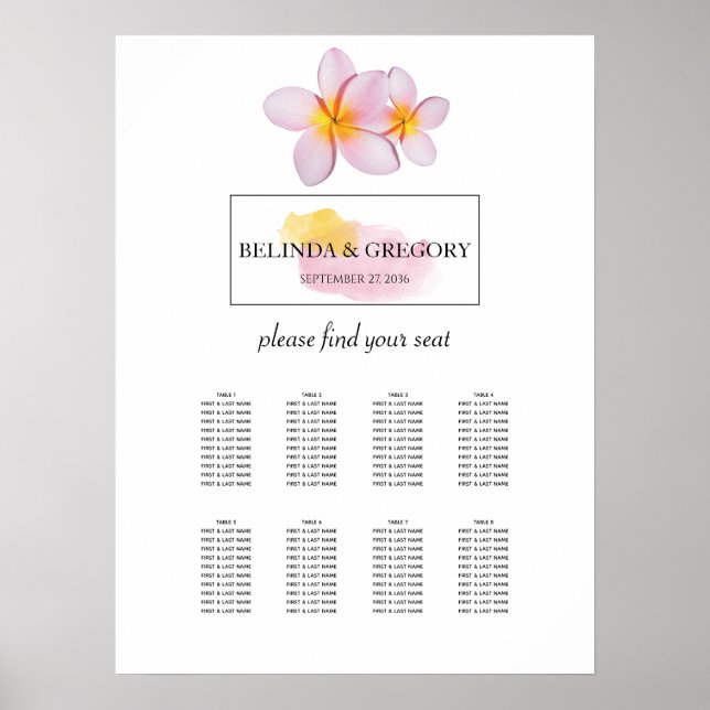 Tropical Plumeria Frangipani Wedding Seating Chart (Front)