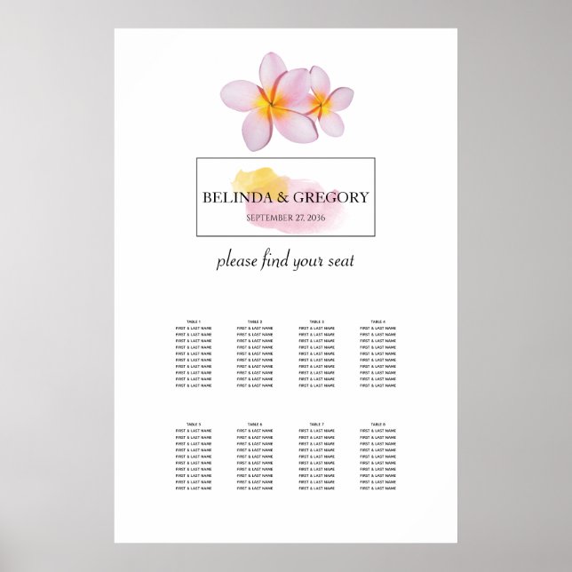 Tropical Plumeria Frangipani Wedding Seating Chart (Front)